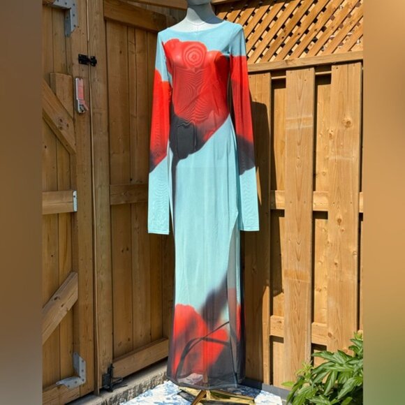 🆕 RAT & BOA 🧿 NWOT Santino Sheer Long Sleeve Dress, Blue with Red Tulip, Sz M - Picture 4 of 16